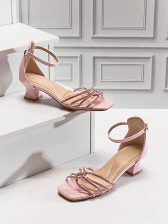 Mini mi Girls' Sparkly Pink Kitten Heel Sandals With Rhinestone Straps & Ankle Buckle – Perfect For Party & Pageant