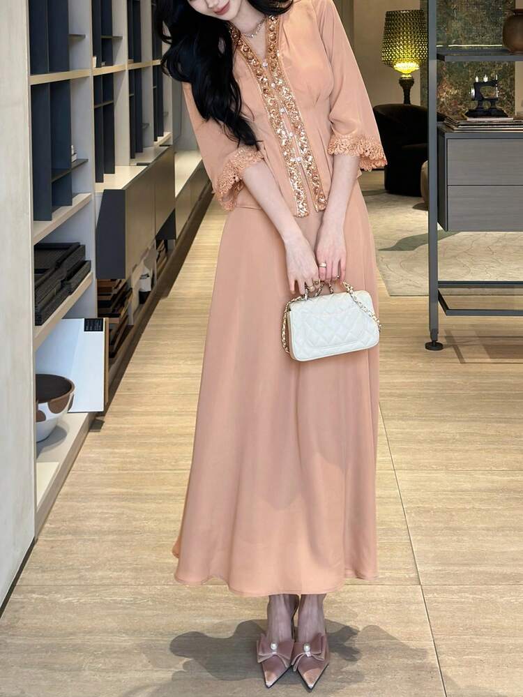 Women's Sequin Patchwork 3/4 Sleeve Blouse And Skirt Elegant 2 Pieces Set