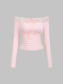 Sweetra Damen Halloween, Thanksgiving, Neujahr, geeignet für Party, Pendeln, Alltag, Reisen, Urlaub, rosa Spitze Rüschen Schleife Design Langarm Top, süß und figurbetont - Pink - Übersicht 3