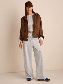 SHEIN EZwear 女士纯色圆领长袖紧身 T 恤和运动裤套装 - 淺灰色 - 查看 1