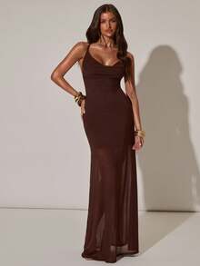 SHEIN BAE Women's Backless Beaded Dress, Brown Backless Dress, Vacation Dress, Suitable For Beach Holiday And Casual Occasions - Brown - View 2