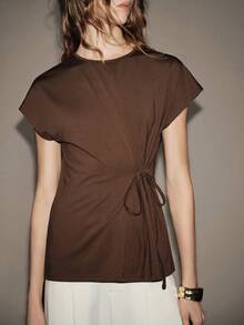 Lumivelle Women's Elegant Tie-Waist T-Shirt For Commuting, Spring/Summer - Coffee Brown - View 4