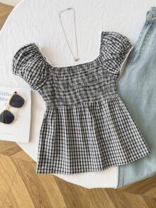 SHEIN 少女春夏休闲简约舒适露背格子衬衫，复古蕾丝边拼接黑白格子衬衫 - 黑與白 - 查看 2