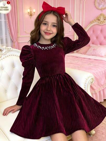 SHEIN Tween Girl Elegant Wine Red Comfortable Fitted Velvet Striped Beaded Puff Sleeve Splice Ruched Flare Hem Dress, Suitable For Christmas, New Year, Party