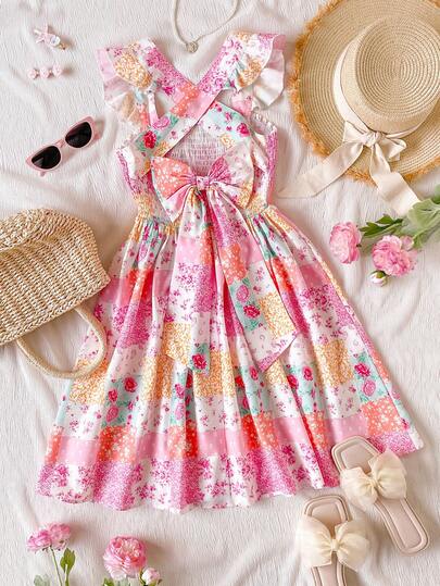 Tween Girls' Princess Style Patchwork Contrast Color Floral Print Bow Decor Crossed Straps Ruffle Hem A-Line Midi Dress, Suitable For Daily Wear, Outings And Gatherings In Summer