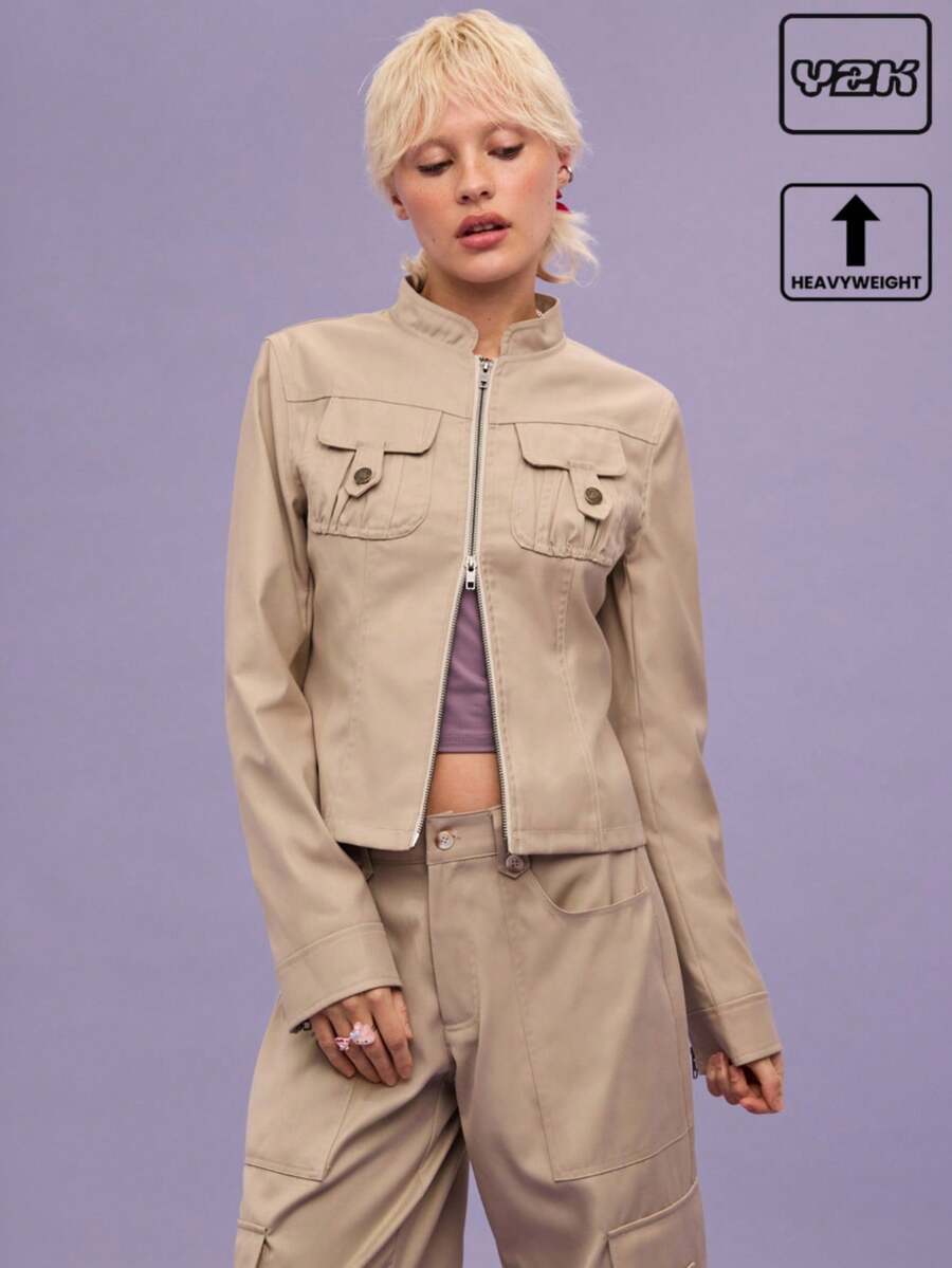 COUREZ Spring Summer Zip Up Jacket/ Y2K /Casual Vintage - Grey - View 1