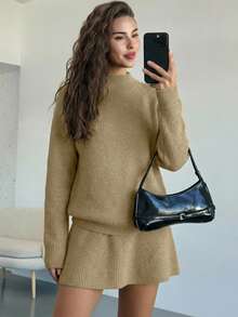 Aloruh Conjunto de 2 piezas de punto acanalado suave, suéter de cuello alto de manga larga y falda mini, conjunto casual de primavera para mujeres - Caqui - Ver 6