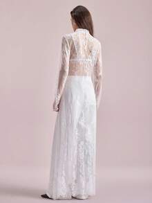 Ontre Women's White Bodycon Maxi Dress Featuring Sheer Lace With A Stand Collar Regular Extra-Long Sleeves And Plants Pattern White Sheer Top - White - View 3