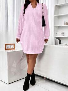 SHEIN LUNE Plus Size Soft Stretch Brushed Ribbed V-Neck Tie Front Long Sleeve Straight Knee-Length T-Shirt Dress, Elegant For Outings, Gatherings, Commuting, And Loungewear - Baby Pink - View 3