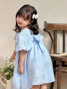 Young Girl's Elegant Pink Bow Decor Dress, Hollow Out Embroidery 3D Effect Dress, Spring/Summer - Blue - View 5