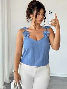 Elenzga 大码女式优雅3D立体花卉装饰蓝色纹理面料休闲衬衫，弹力修身舒适吊带衫，收腰A字版型，修饰腹部线条，浅蓝色优雅精致吊带上衣，适合返校、毕业典礼、情人节、音乐节、母亲节、万圣节、感恩节、复活节、国庆节、晚宴、约会、派对、婚礼季、户外活动等场合。 - 藍色 - 查看 6