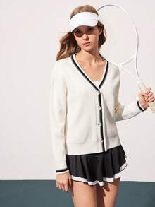 CourtClass Women's Contrast Color Cardigan, Fashionable Sporty Sweater - Beige - View 3