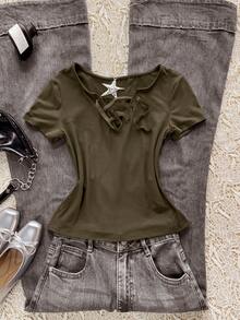 SHEIN Áo thun nữ tay ngắn màu trơn, kiểu dáng thường ngày, thắt nơ phía trước. - xanh quân đội - Xem 4