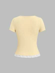Sweetra Women's Summer V-Neck Contrast Lace Short Sleeve T-Shirt With Front Tie Design And Hem Slit, Light Yellow - Yellow - View 2