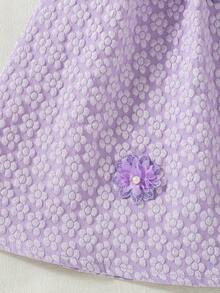 1pc Chiffon Floral Decor Elastic Waist Casual Elegant Princess Party Dress, Summer Lilac Young Girls Lavender For Puffy Sleeve Purple - Pink - View 9