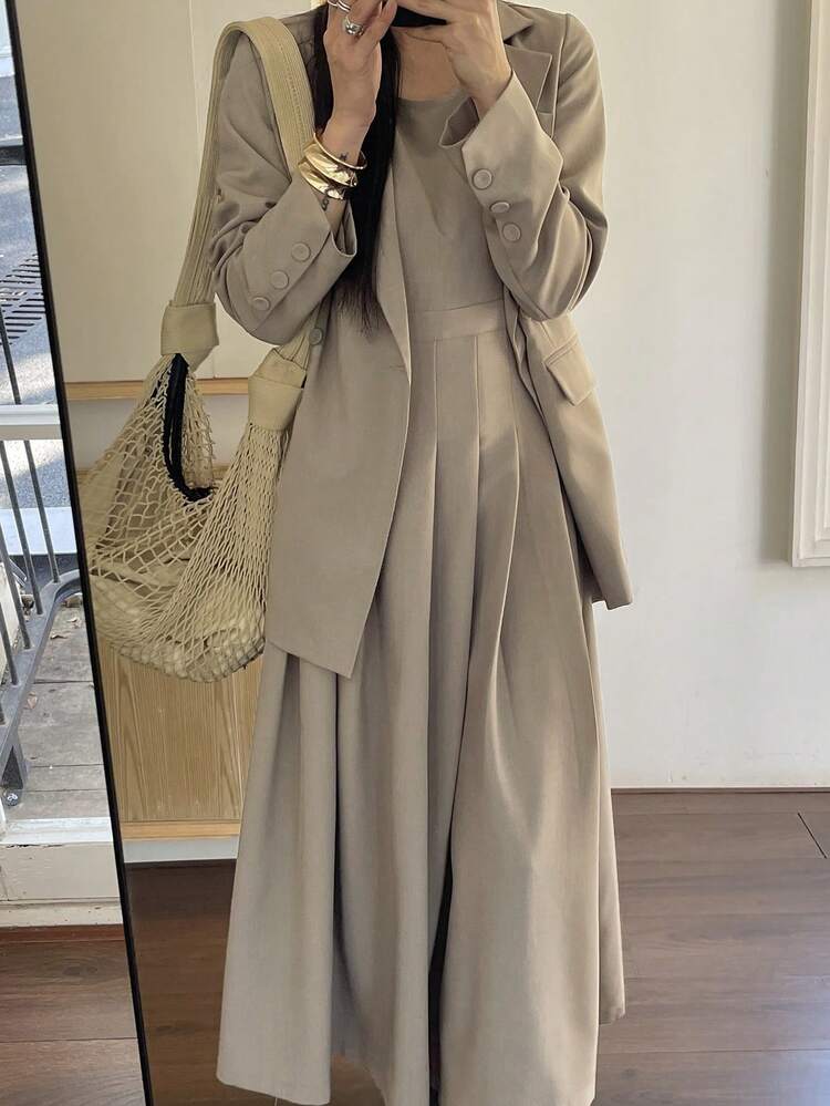 Women's Solid Color Lapel Collar Long Sleeve Jacket And Sleeveless Dress Casual 2-Piece Set