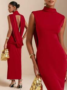 SHEIN Veneréa Váy chéo xếp ly hở lưng cổ cao dành cho nữ - Màu Cam cháy - Xem 1