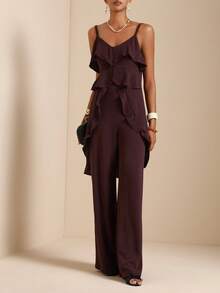 SHEIN Veneréa Women's V-Neck Ruffle Trim Asymmetrical Camisole And Straight Leg Pants 2 Pieces Set