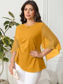 Reflora Plus Size Summer Elegant Commuter Solid Color Pleated Asymmetric Hem Blouse Fall - Yellow - View 4