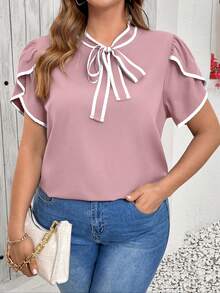 Reflora Plus Size Color Block Trim Flare Sleeve Loose Elegant Blouse - Baby Pink - View 6