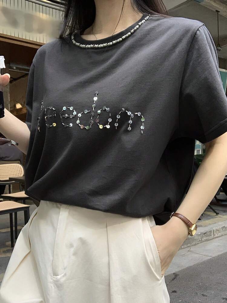 Women's Sequin Letter Graphic Round Neck Short Sleeve Casual T-Shirt