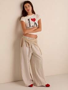Easelle Loose Striped Wide-Leg Pants With Front Tie, Casual Wear - Beige - View 1
