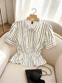 Franclia 女士优雅通勤条纹印花珍珠纽扣短袖休闲衬衫，荷叶边下摆，衬衫领短袖衬衫，收腰修身衬衫，短款衬衫，春夏新款时尚必备单品 - 彩色 - 查看 6