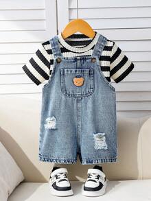 SHEIN 2pcs/Set Unisex Baby Clothes, Baby Boy Casual Cute Bear & Black White Striped T-Shirt And Blue Denim Bib Pants Set, Summer & Spring