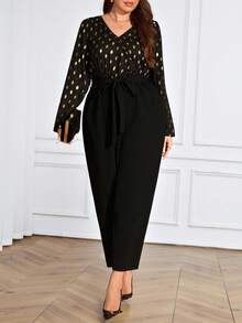 EMERY ROSE Plus Size Women V-Neck Long Sleeve Belted Polka Dot Foil Elegant Jumpsuit, Sequin Jumpsuit For Party , Autumn/Winter,2025 New - Black - View 6