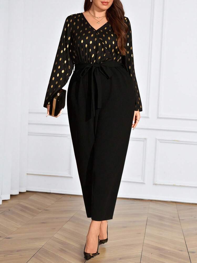 Plus Size Women V-Neck Long Sleeve Belted Polka Dot Foil Elegant Jumpsuit, Sequin Jumpsuit For Party , Autumn/Winter,2025 New