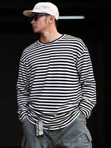 DAZY Camiseta de cuello redondo a rayas negras y blancas para hombre, otoño - Blanco y Negro - Ver 4