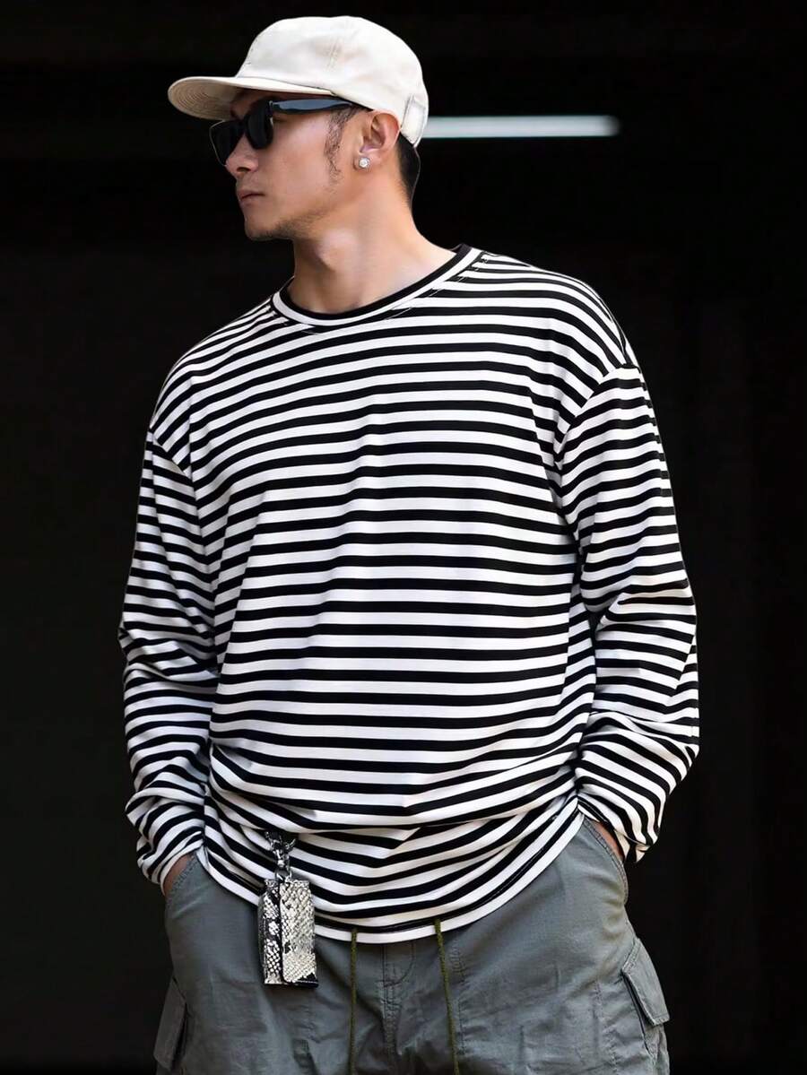 DAZY 男士黑白条纹圆领T恤,秋季款 - 黑與白 - 查看 1