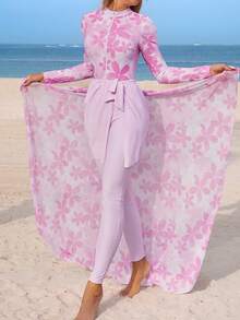 Swim Mulvari Spring/Summer Women's New Pink Floral Print 4-Piece Set: One-Piece Swimsuit With Sheer Skirt, Long Sleeve Top, And Slim Fit Pants, Modest Yet Fashionable Vacation Burkini Long Beach Dress Resort Wear Women Pink Floral Maxi Dress Long Sleeve Maxi Dresses Orchid Dress - Pink - View 9