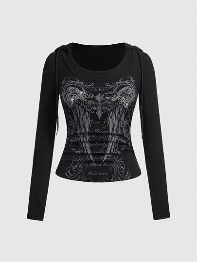 Grunge Punk Maglietta con cappuccio da donna in stile grunge, con stampa di ali e decorazioni di strass