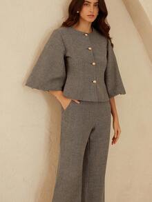 Aveloria Rosie Elegant Herringbone Puff Sleeve Cinched Waist Jacket And Pants Commuter Suit - Khaki - View 5