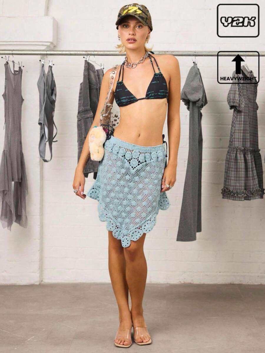 COUREZ 钩针编织中长裙 / Y2K 度假风秋季女装 秋季外出穿搭 可爱性感 - 淺藍色 - 查看 1