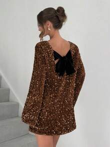 Siren Gaze Women's Fashionable Casual Sequin Long Sleeve Mini Dress Party Spring Brown Glitter Shiny - Brown - View 2