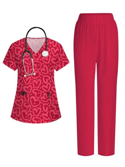 PopScrub Conjunto de uniforme de enfermería con cuello en V, manga corta, bolsillo y estampado texturizado de corazón y lunares para mujeres, primavera/verano