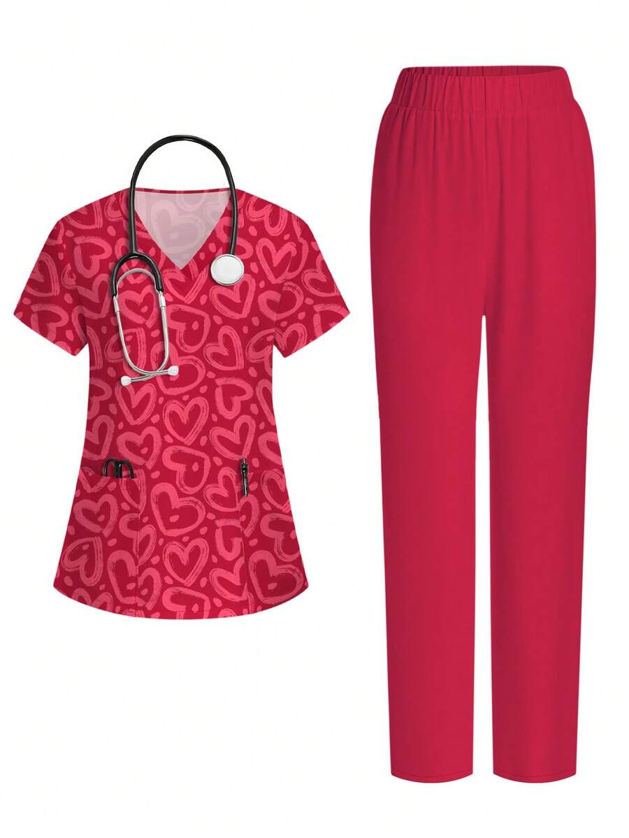PopScrub Heart & Polka Dot Textured Print V-Neck Short Sleeve Pocket Nursing Uniform Set For Women, Spring/Summer Valentine's Day