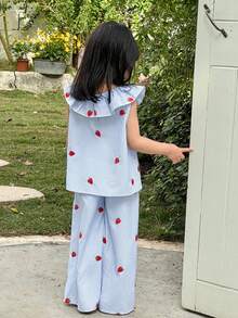Young Girl Casual Strawberry Print Tie Bow Ruffle Hem Sleeveless Top And Pants Set, Comfortable & Minimalist - Blue - View 3