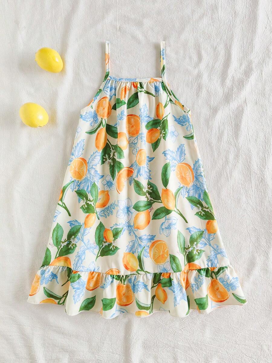 SHEIN Vintaside Kids 女童夏季无袖数码印花休闲吊带连衣裙，适合外出和海滩活动 - 綠色 - 查看 1