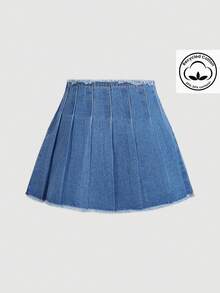 SHEIN MOD 女士休闲水洗褶裥牛仔裙 - 藍色 - 查看 2