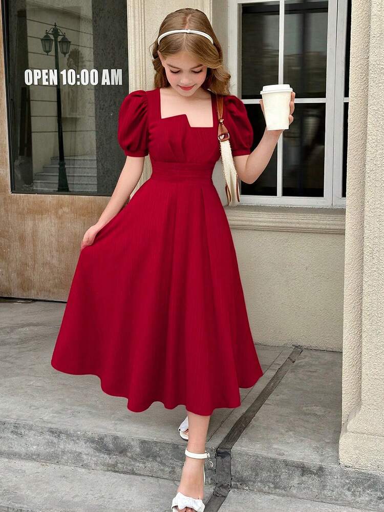 SHEIN فستان بياقة مربعة وأكمام منتفخة ذو نسيج جاكار عصري مناسب للفتيات المراهقات، اللون الأحمر الكرزي، للربيع/الصيف - الأحمر - مشاهدة 1