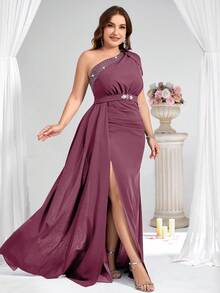 Coutiva Đầm dạ hội cỡ lớn dành cho nữ, đính đá lấp lánh, xếp ly, xẻ tà cao. - Bụi hồng - Xem 7
