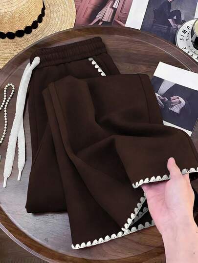 Resyla Women's Trousers / Comfortable And Versatile Straight-Leg Pants / Women's Sweatpants For Home And Outings / Solid Color Outfits / Casual Women's Sweatpants / Loose-Fit Slim-Fit Straight-Leg Sweatpants For Spring And Autumn / Women's Color-Blocked Lace Pants / Autumn And Winter