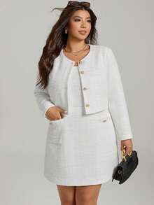 Comfylo Plus Size Elegant Tweed Jacket With Gold Buttons And Dress 2 Pieces Set - White - View 8