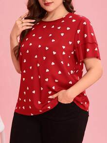 SHEIN Clasi 大码女式夏季休闲/假日爱心印花层叠荷叶袖宽松衬衫 - 紅色 - 查看 6