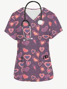 PopScrub 心形雪花印花V领短袖女式/护士服上衣，春夏款