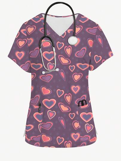 PopScrub 心形雪花印花V领短袖女式/护士服上衣，春夏款