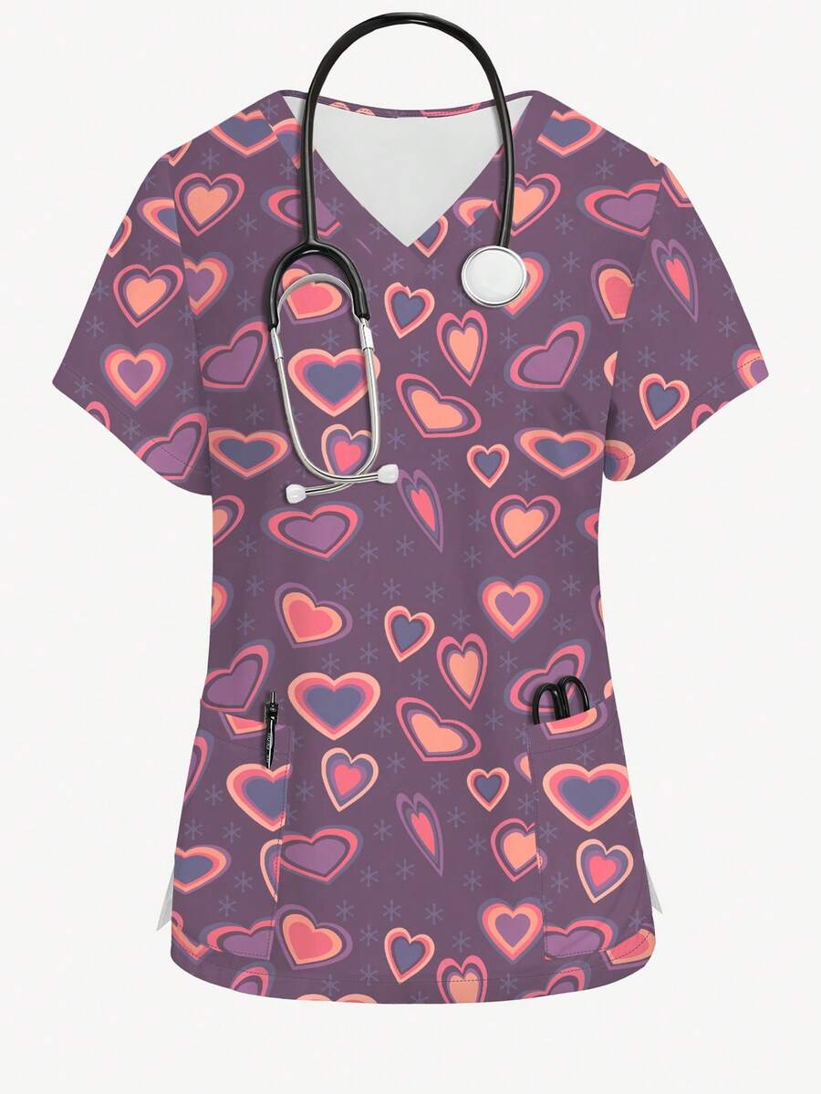 PopScrub 心形雪花印花V领短袖女式/护士服上衣，春夏款